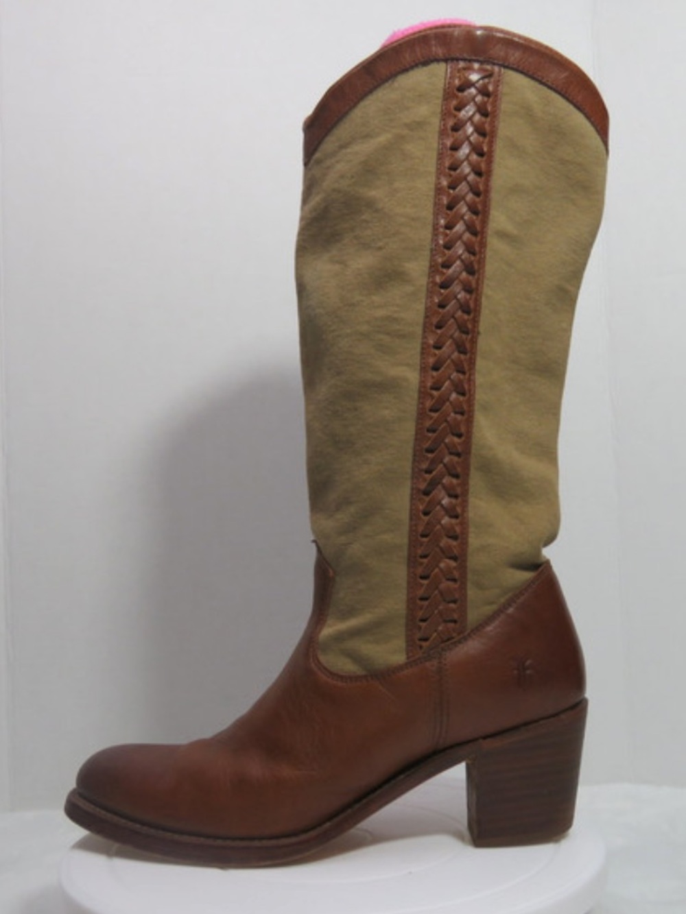 Vintage Jane Frye 10 Knee High Boots Braided Leather Brown Round Toe Canvas - Picture 9 of 9